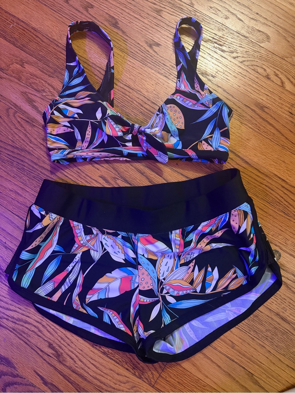 Body Glove Black Multicolor Leaf-Print Sports Bikini Top & Athletic Shorts